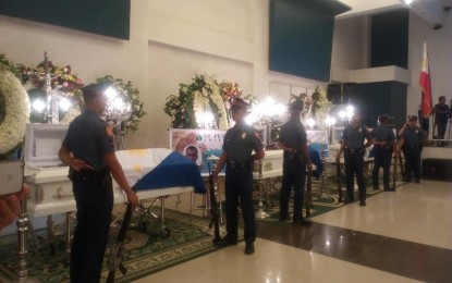 <p><strong>WAKE OF SLAIN COPS.</strong> The wake of slain policemen at the Philippine National Police regional headquarters before President Rodrigo Duterte's visit late Friday afternoon (June 29, 2018). <em>(Photo by Sarwell Meniano</em>) </p>
